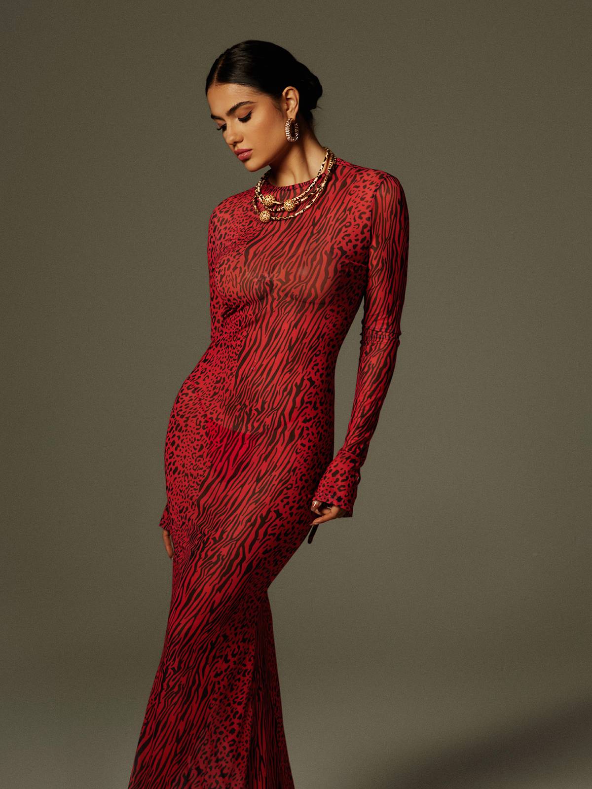 Theophilus Uzun Kollu Sırtı Açık Leopar Maxi Elbise