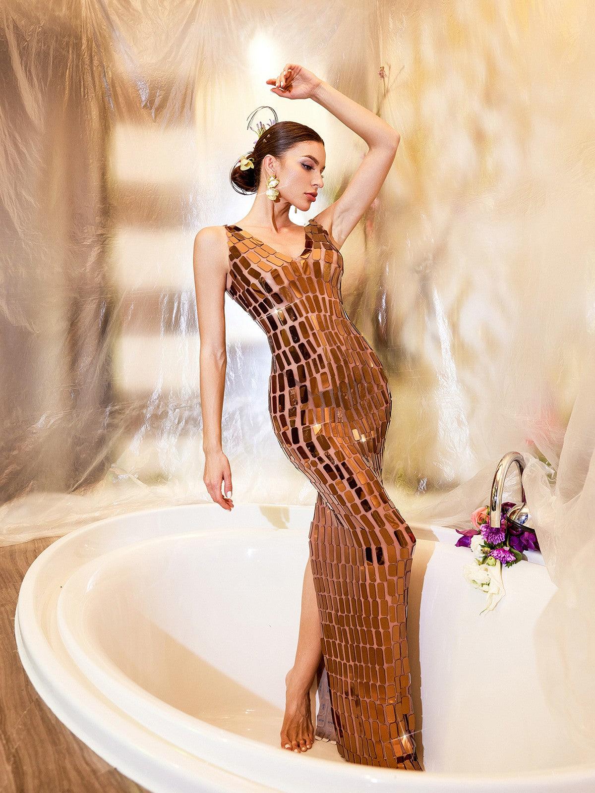 Thiago V Yaka Akrilik File Maxi Elbise