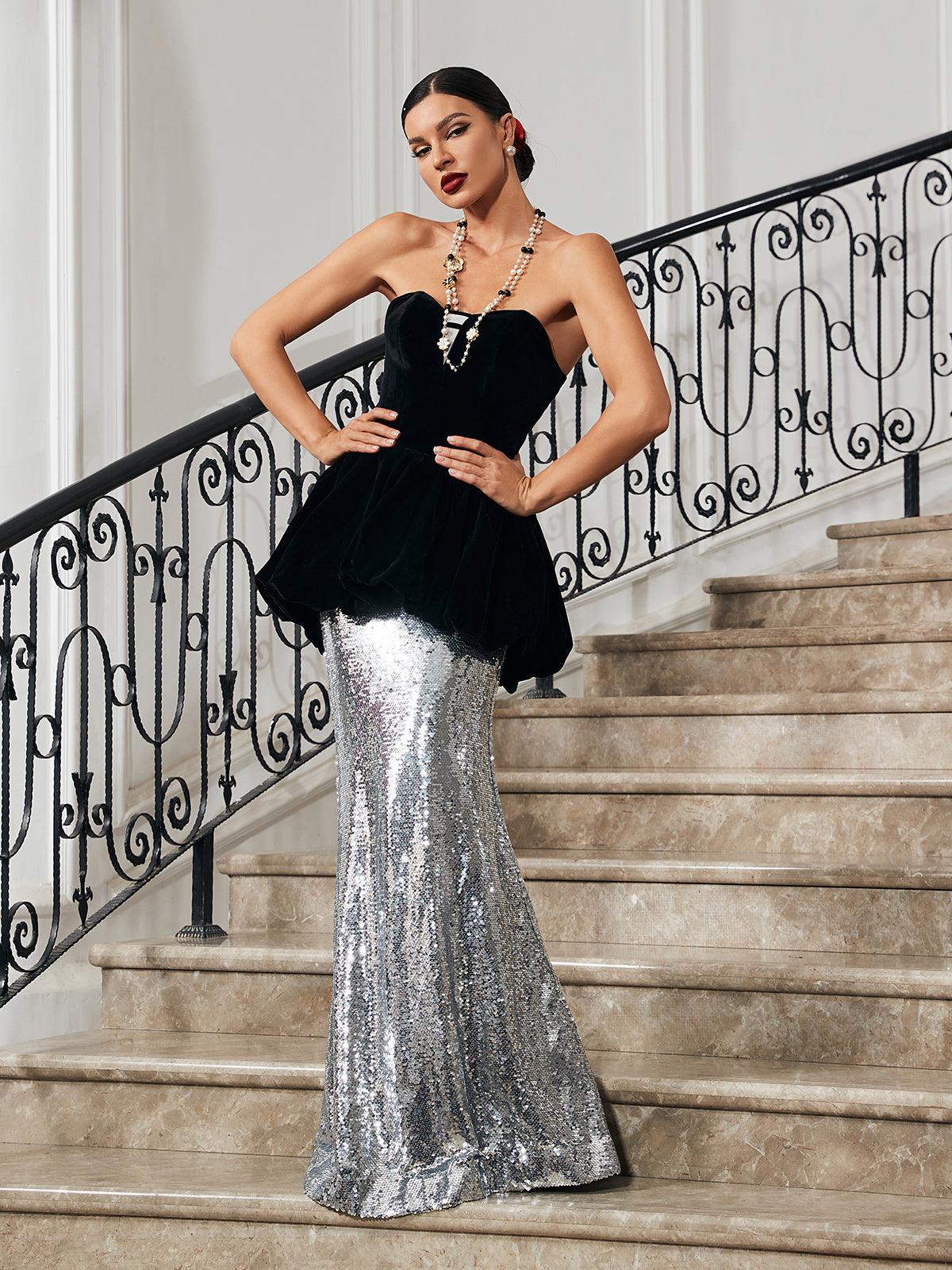 Trudy Straplez Kadife Deniz Kızı Maxi Elbise