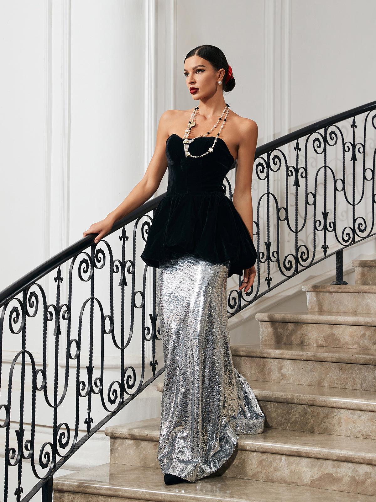 Trudy Straplez Kadife Deniz Kızı Maxi Elbise