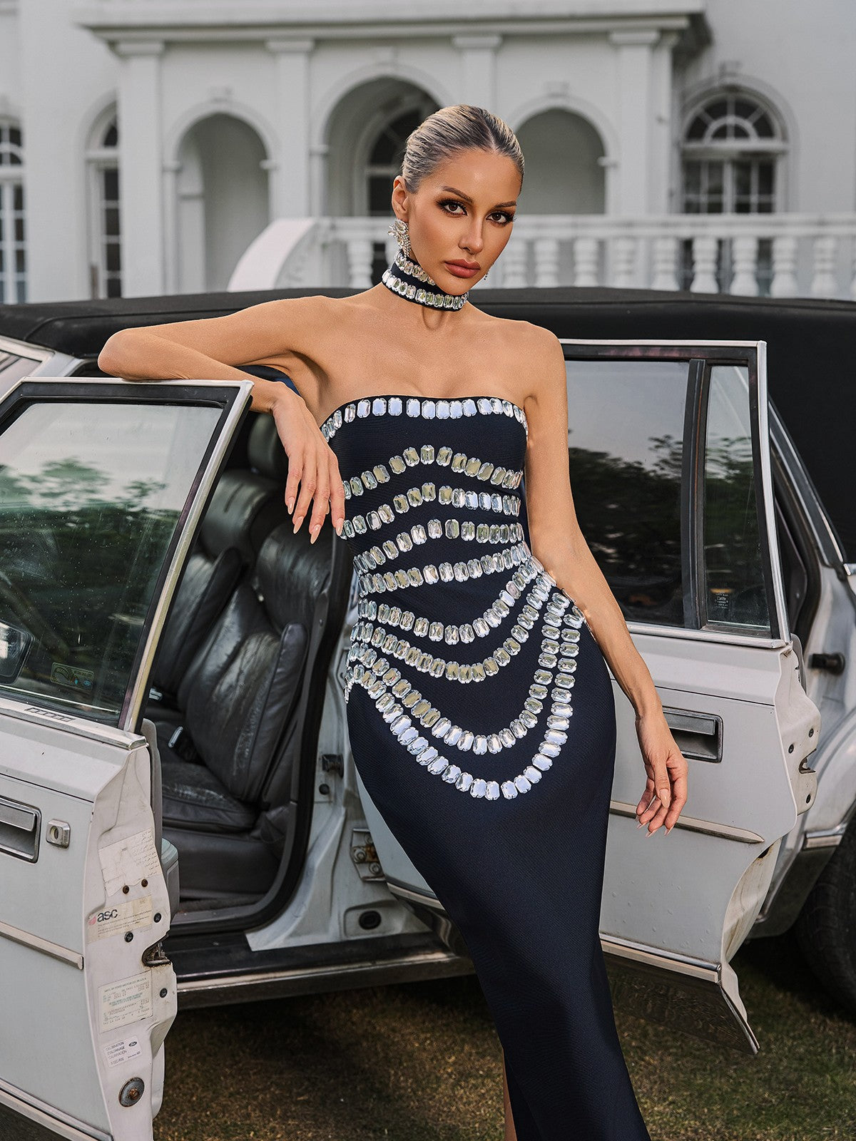 Vaelith Straplez Kristal Bandaj Maxi Elbise ile Choker