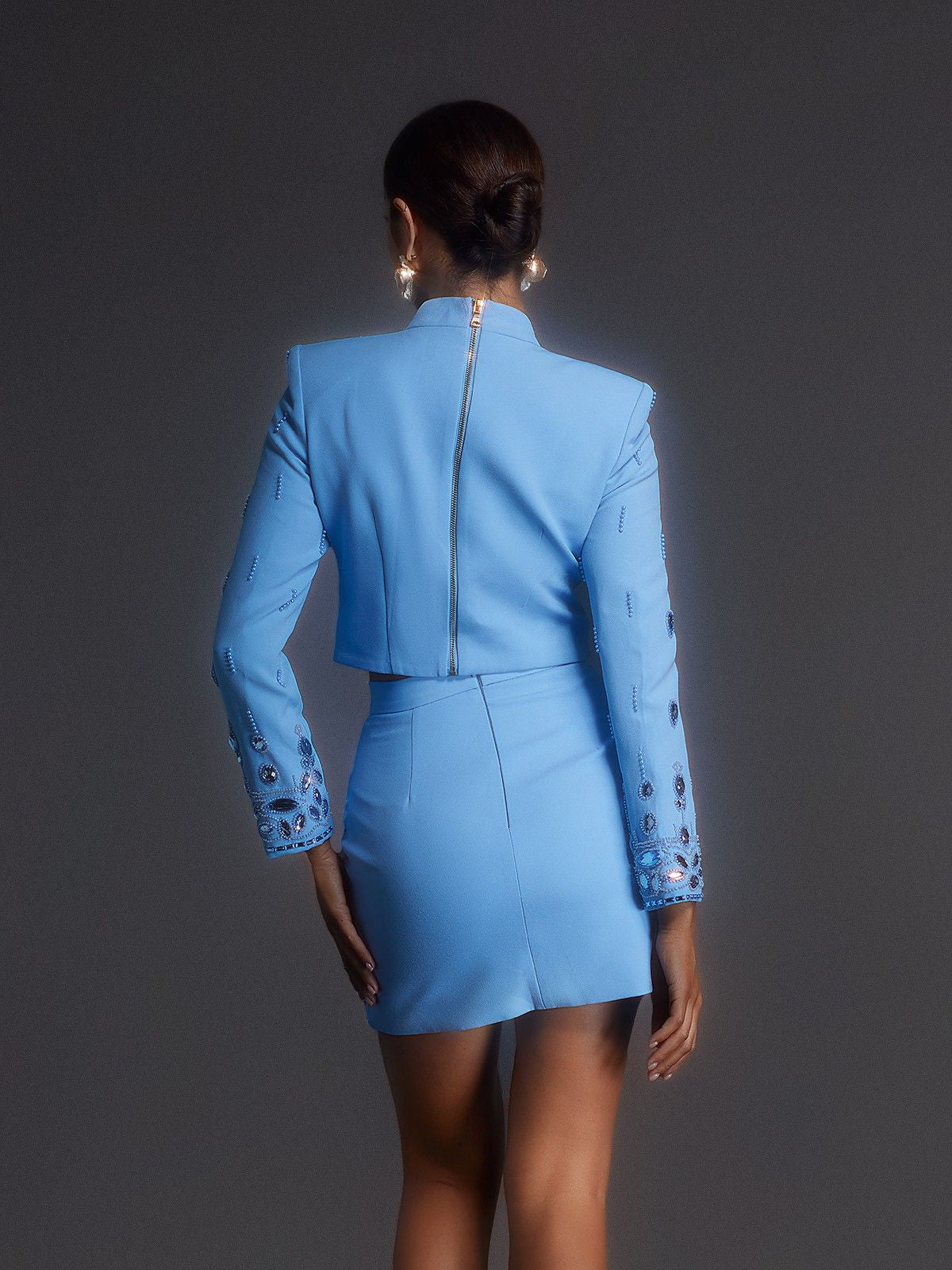 Vallea Uzun Kollu Rhinestone Etek Takımı Mavi