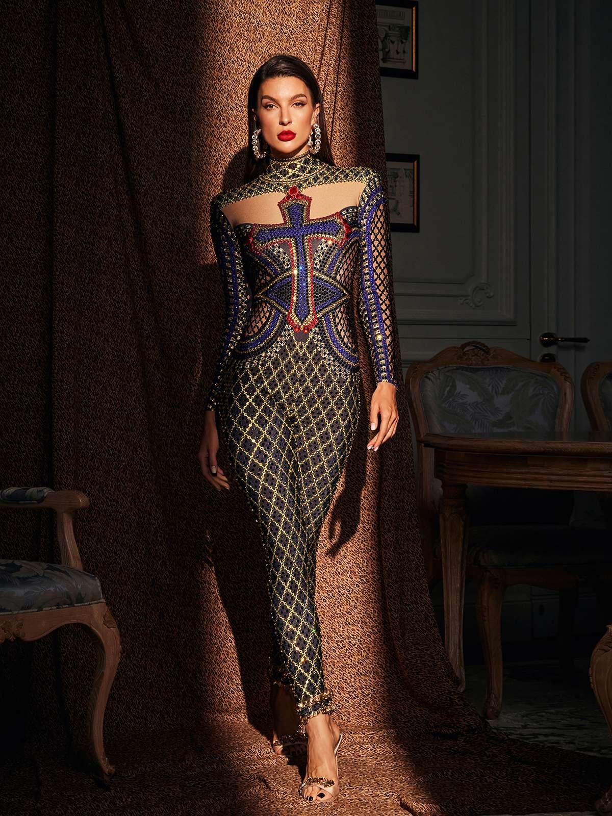 Venetia Baskılı Rhinestone Tulum