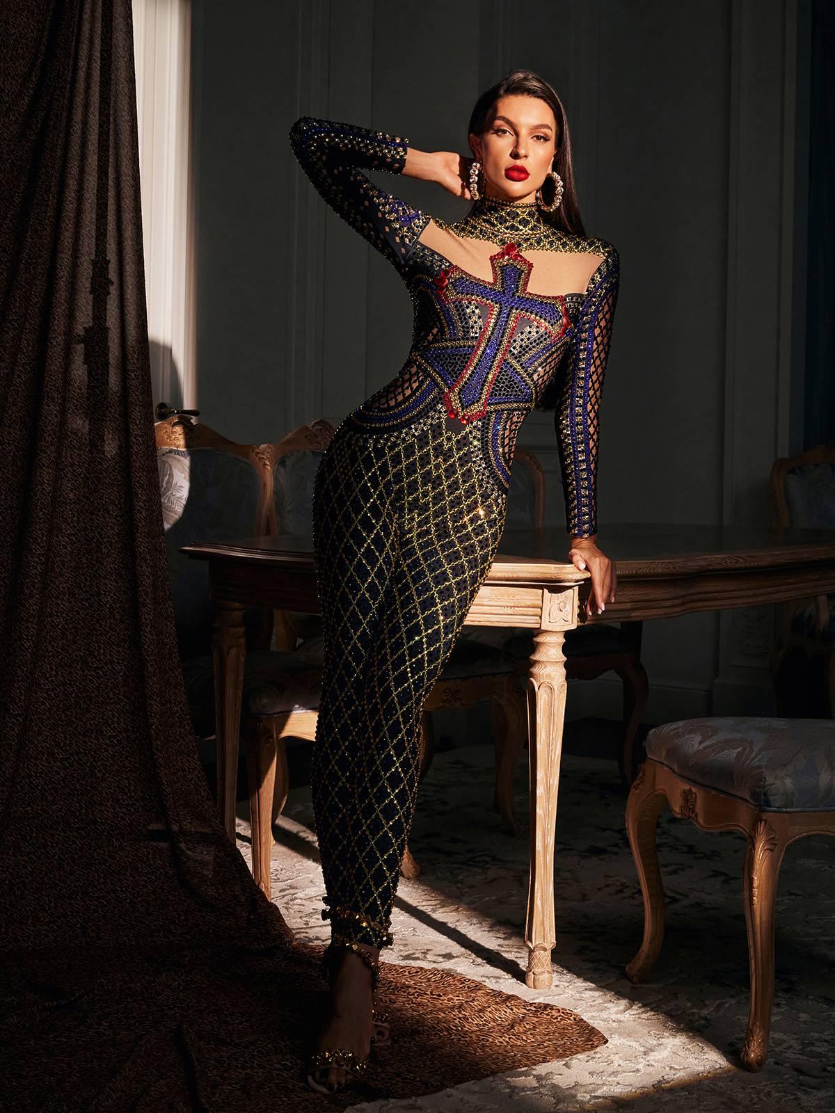 Venetia Baskılı Rhinestone Tulum