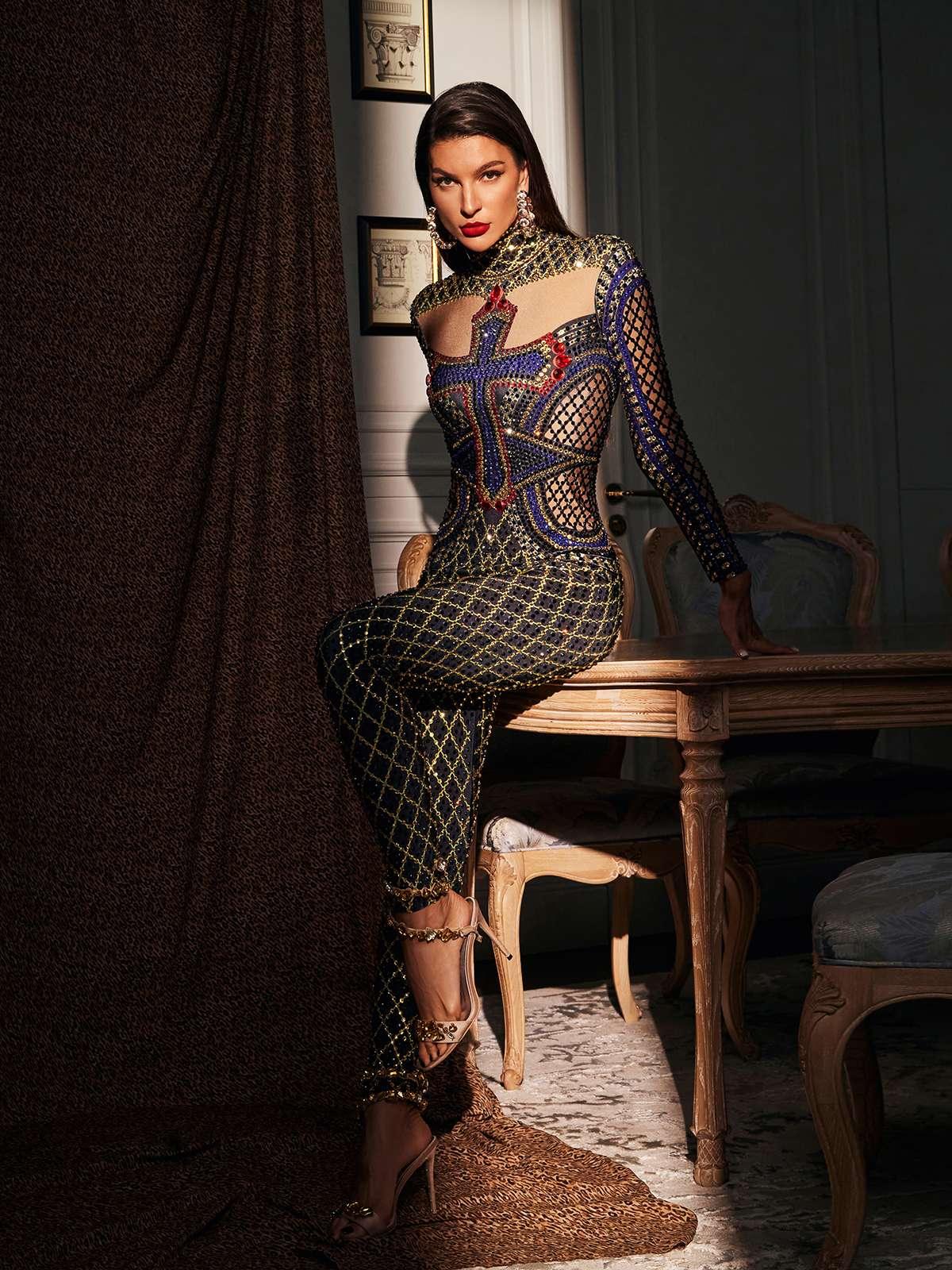 Venetia Baskılı Rhinestone Tulum