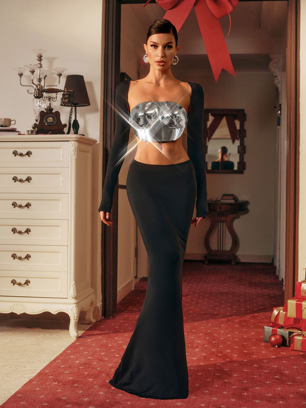 Vernon Uzun Kollu Kesik Maxi Elbise Siyah