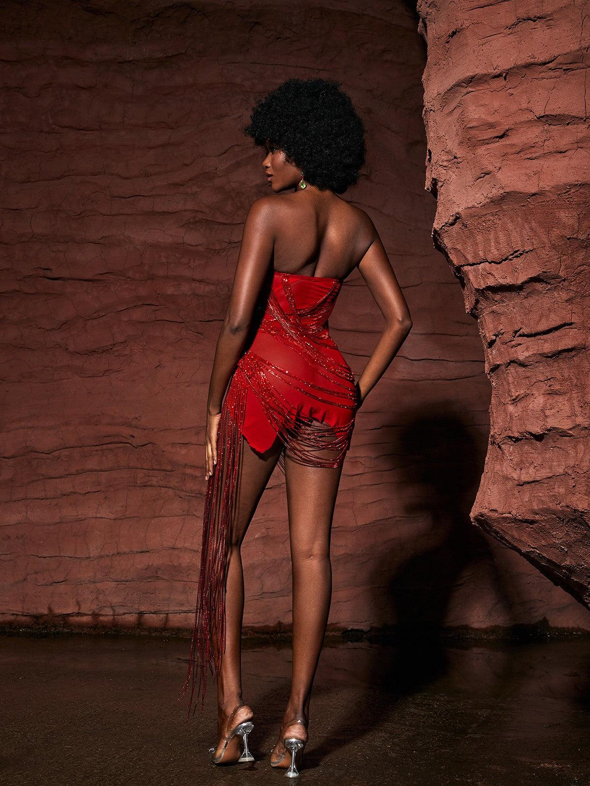 Kırmızı Verona Süslemeli Elmas Zincir Elbise