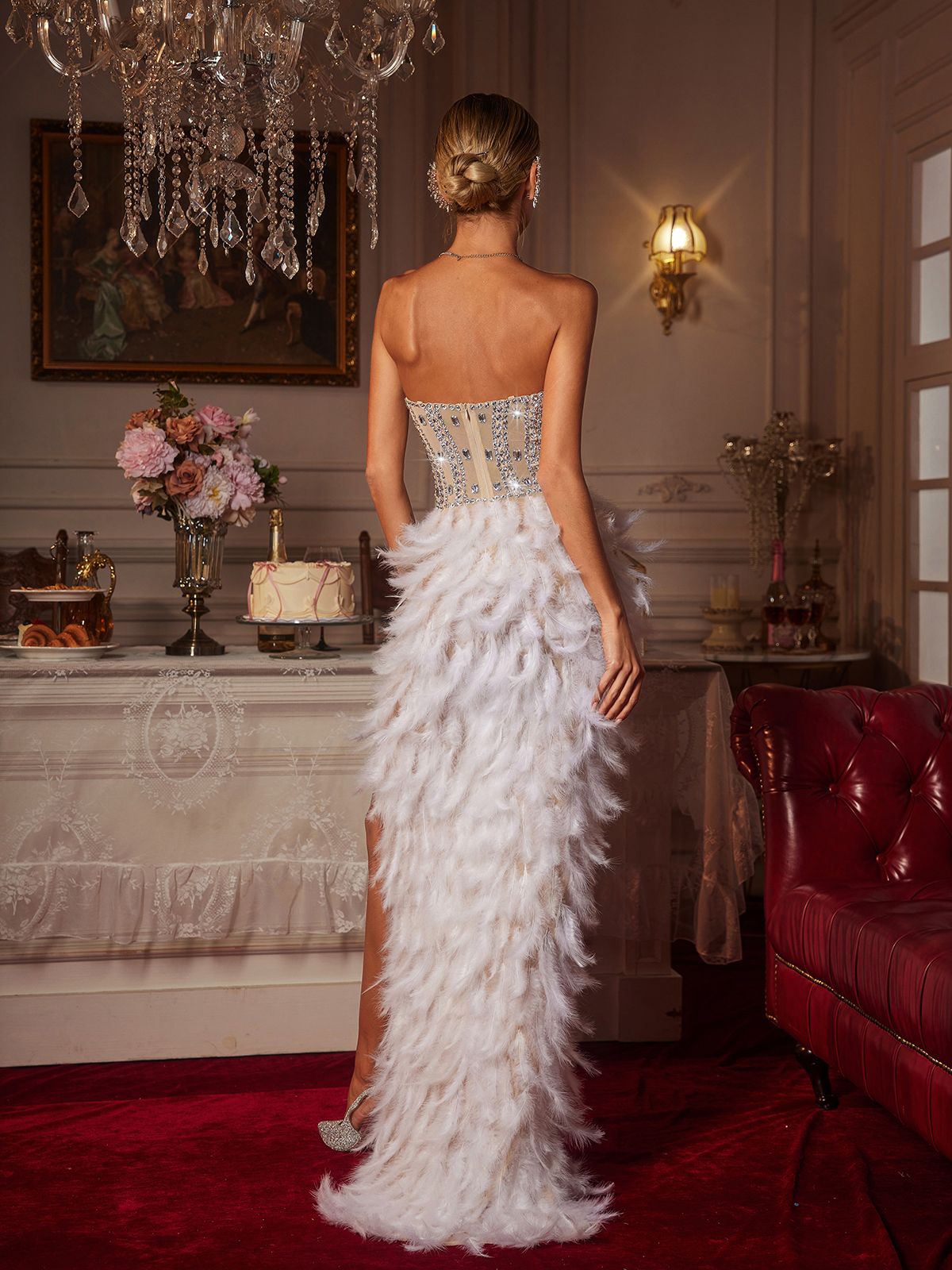 Vieby Straplez Rhinestone Tüy Maxi Elbise Beyaz