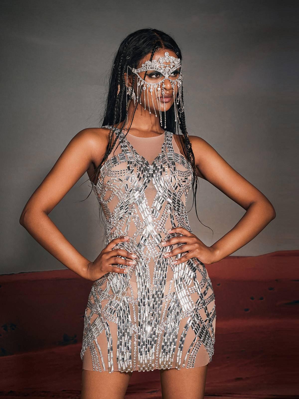 Zaiden Rhinestone File Mini Elbise