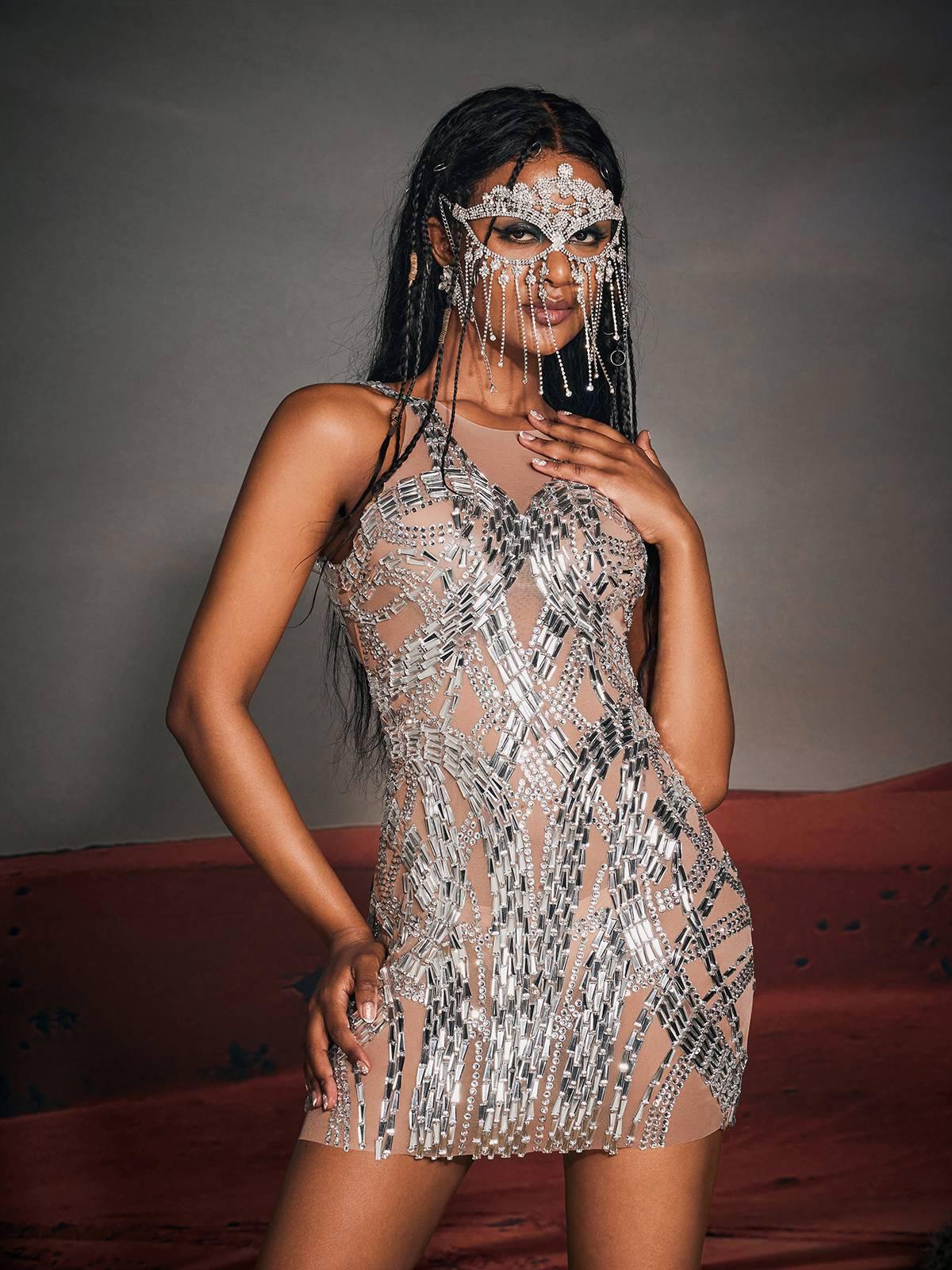 Zaiden Rhinestone File Mini Elbise