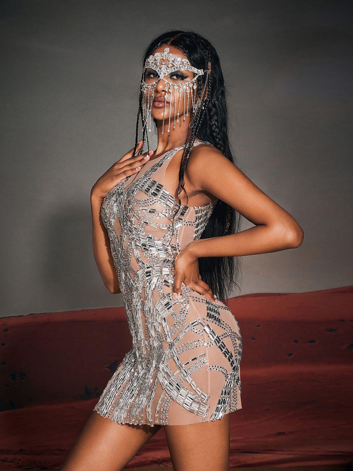 Zaiden Rhinestone File Mini Elbise