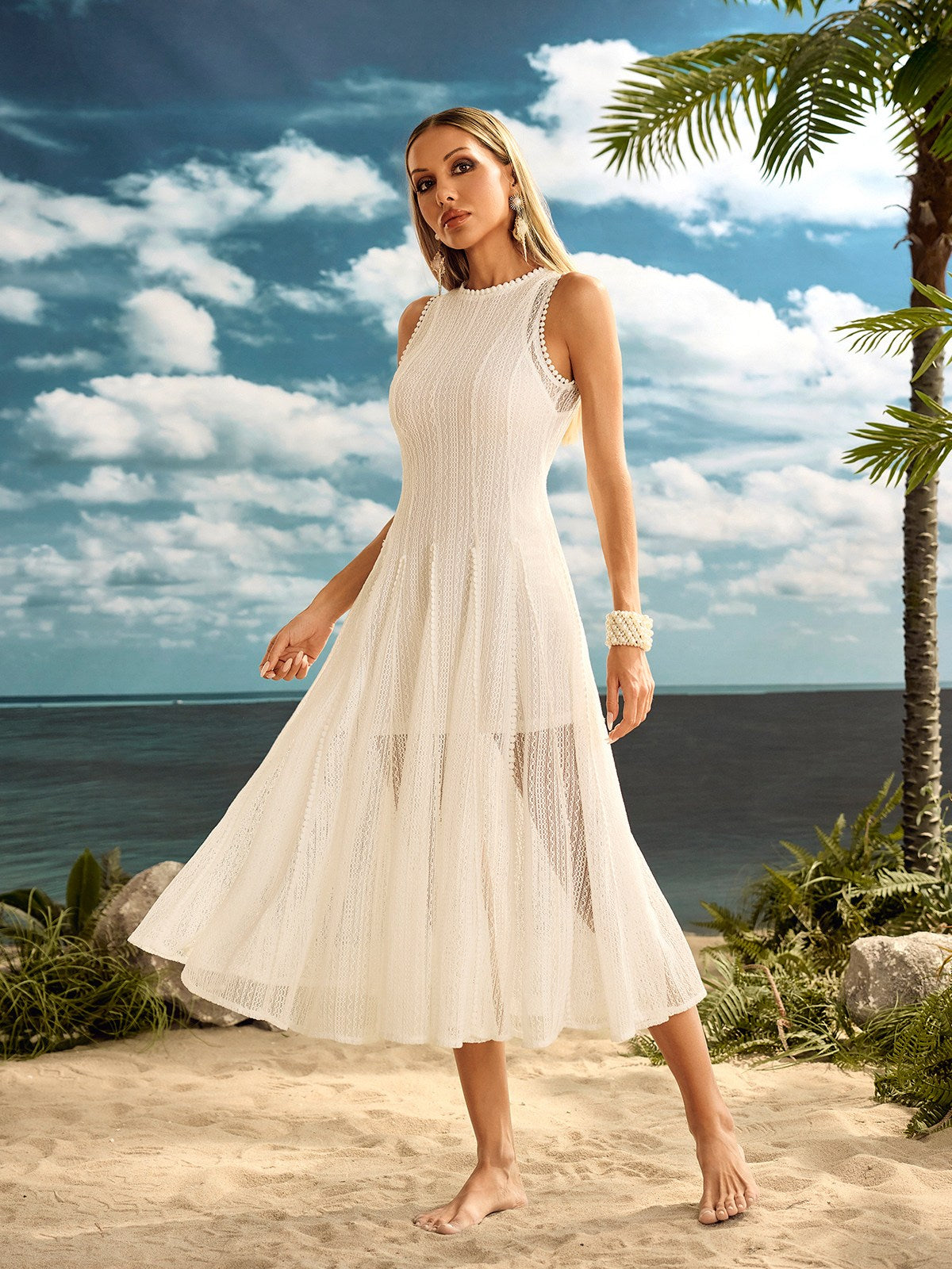 Zalvryn Kolsuz Triko Midi Elbise Beyaz