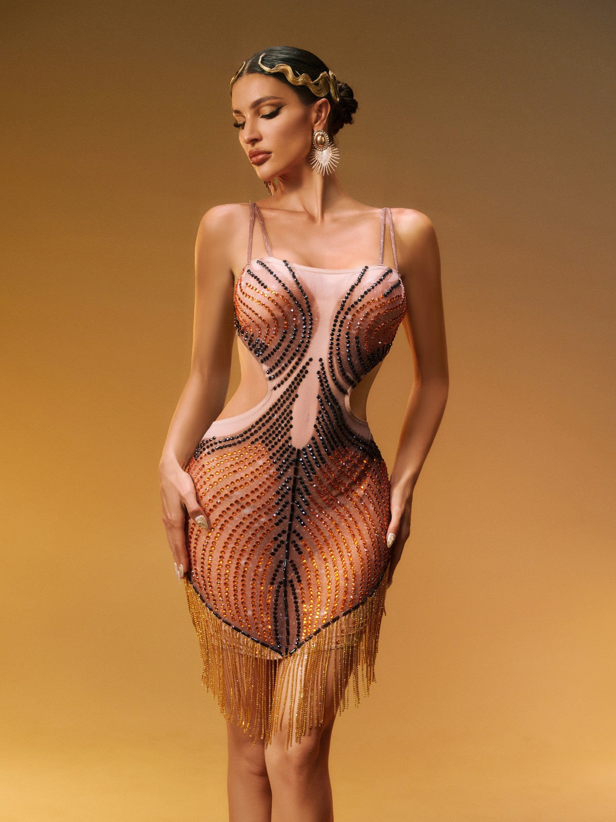 Zenitha Rhinestone Fringe Mini Elbise