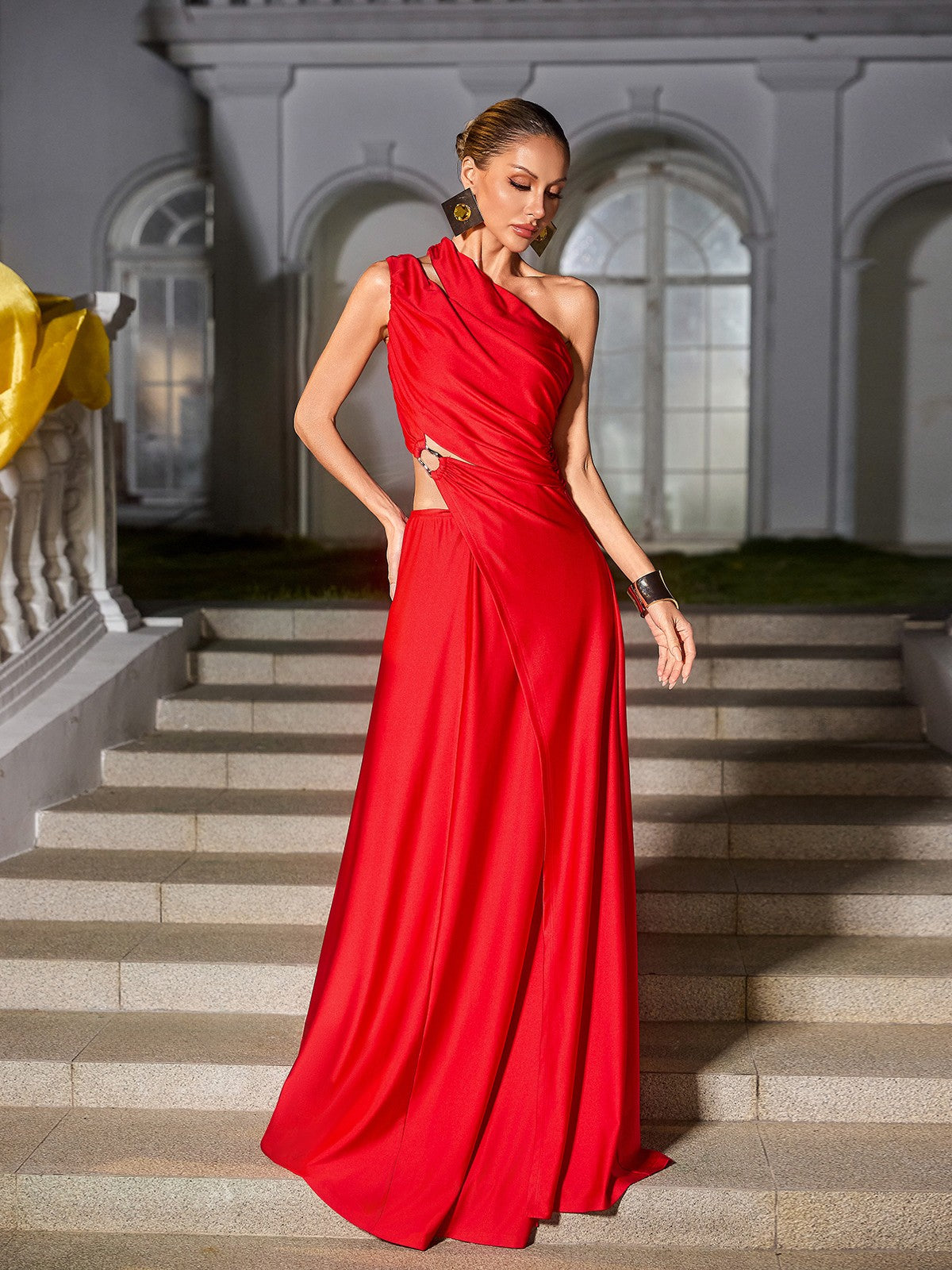 Zyxara Tek Omuzlu Yırtmaçlı Maxi Elbise